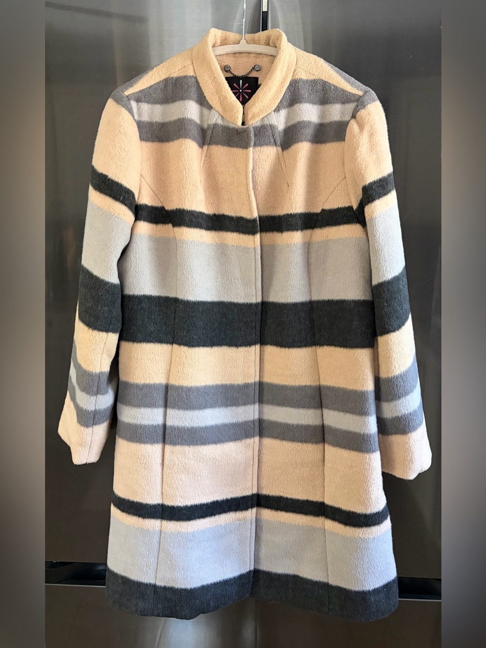 Isaac Mizrahi Live Engineer Striped Poly/Wool Coat 12 Cozy Preppy Like New